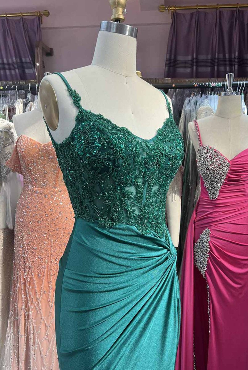 Rafenild | Green V Neck Beading Satin Long Slit Prom Dresses