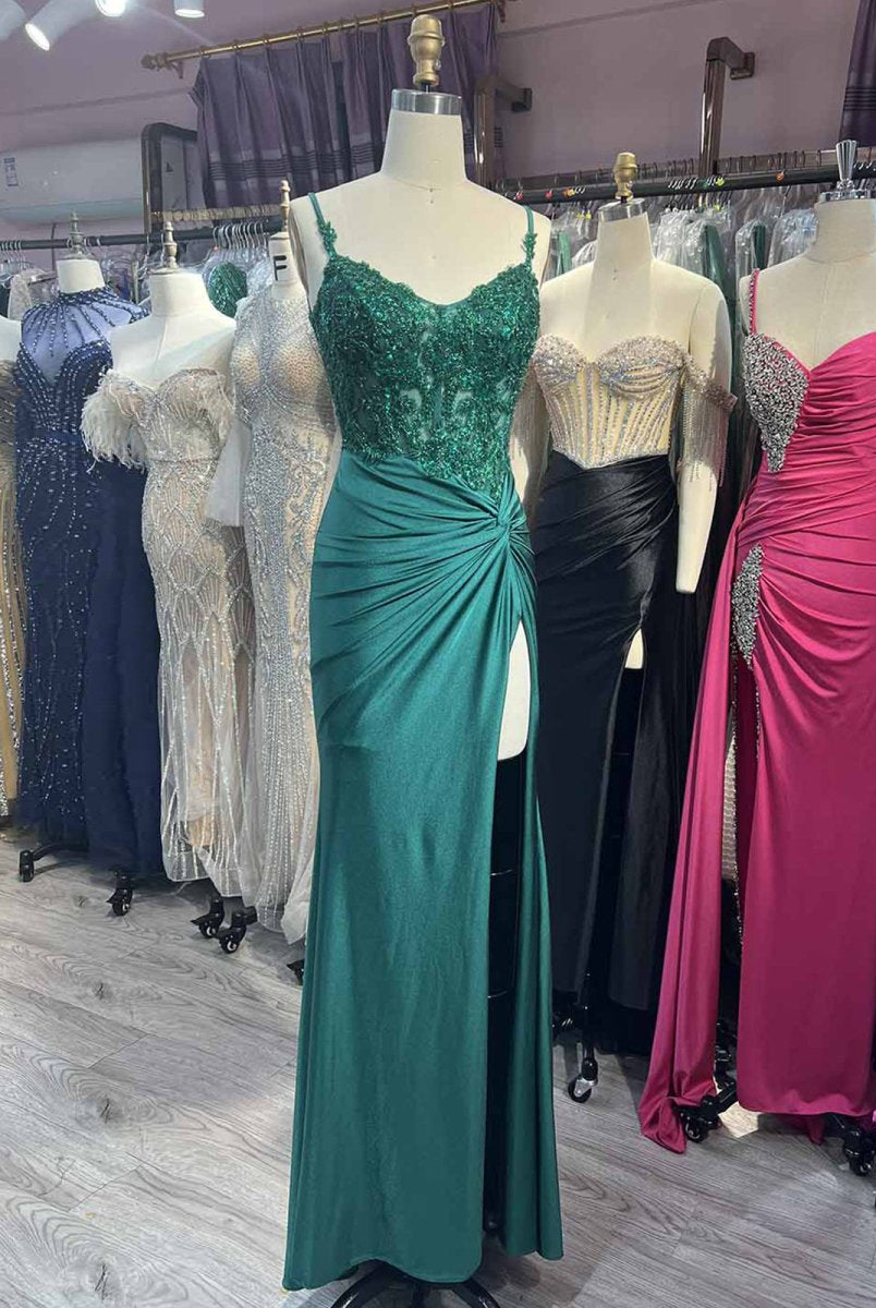 Rafenild | Green V Neck Beading Satin Long Slit Prom Dresses
