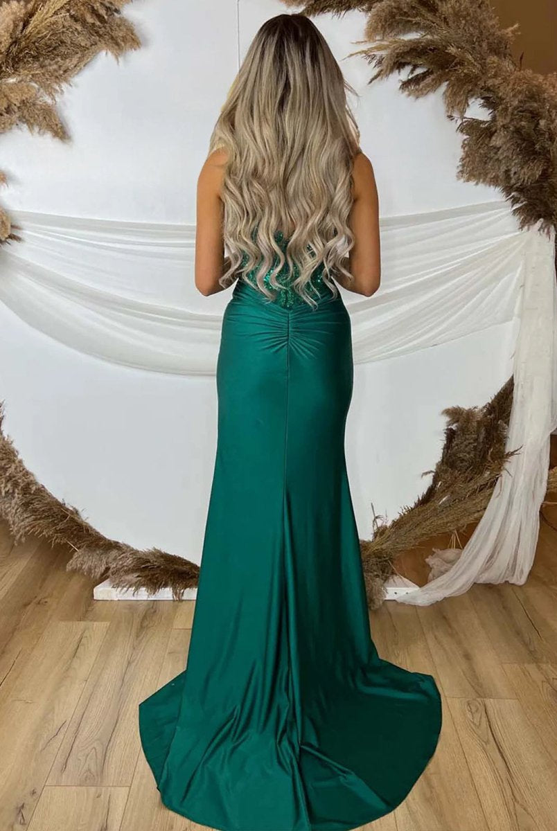 Rafenild | Green V Neck Beading Satin Long Slit Prom Dresses