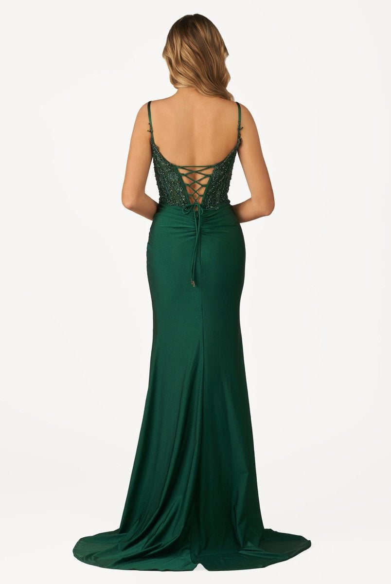 Rafenild | Green V Neck Beading Satin Long Slit Prom Dresses