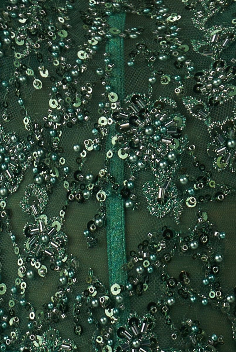 Rafenild | Green V Neck Beading Satin Long Slit Prom Dresses