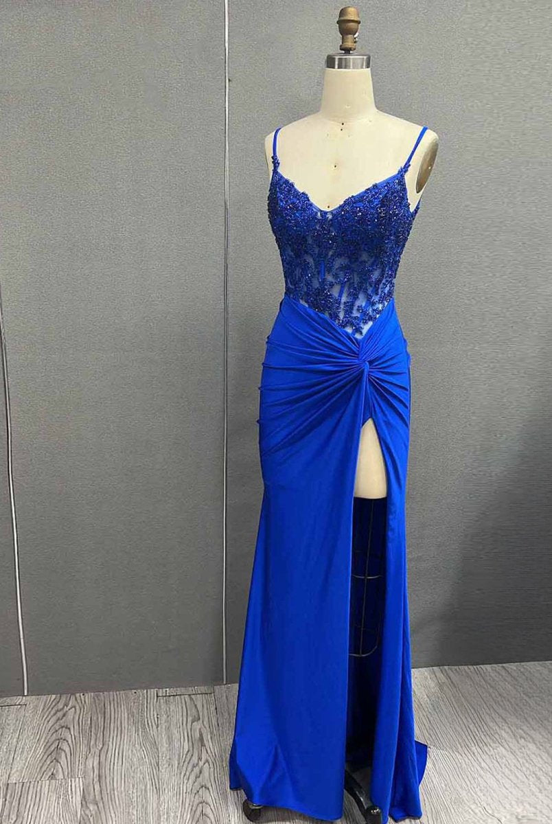 Rafenild | Green V Neck Beading Satin Long Slit Prom Dresses