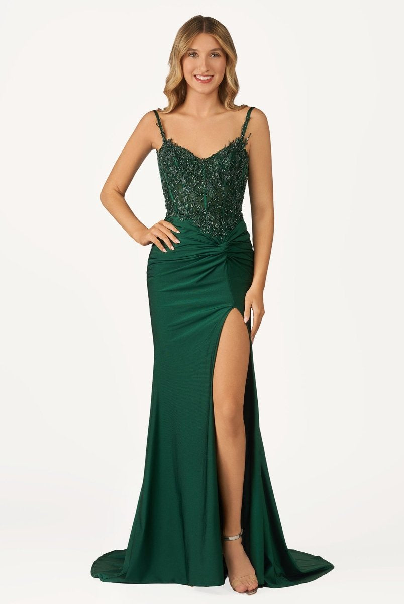 Rafenild | Green V Neck Beading Satin Long Slit Prom Dresses