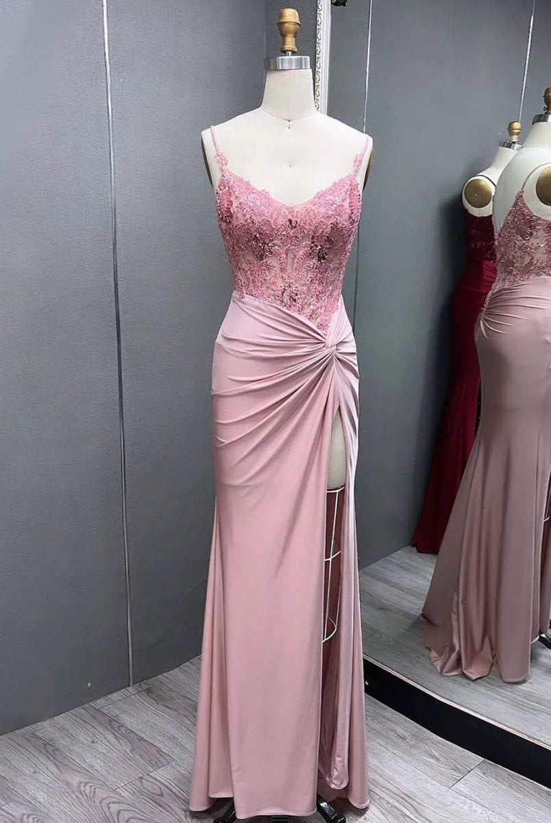 Rafenild | Green V Neck Beading Satin Long Slit Prom Dresses