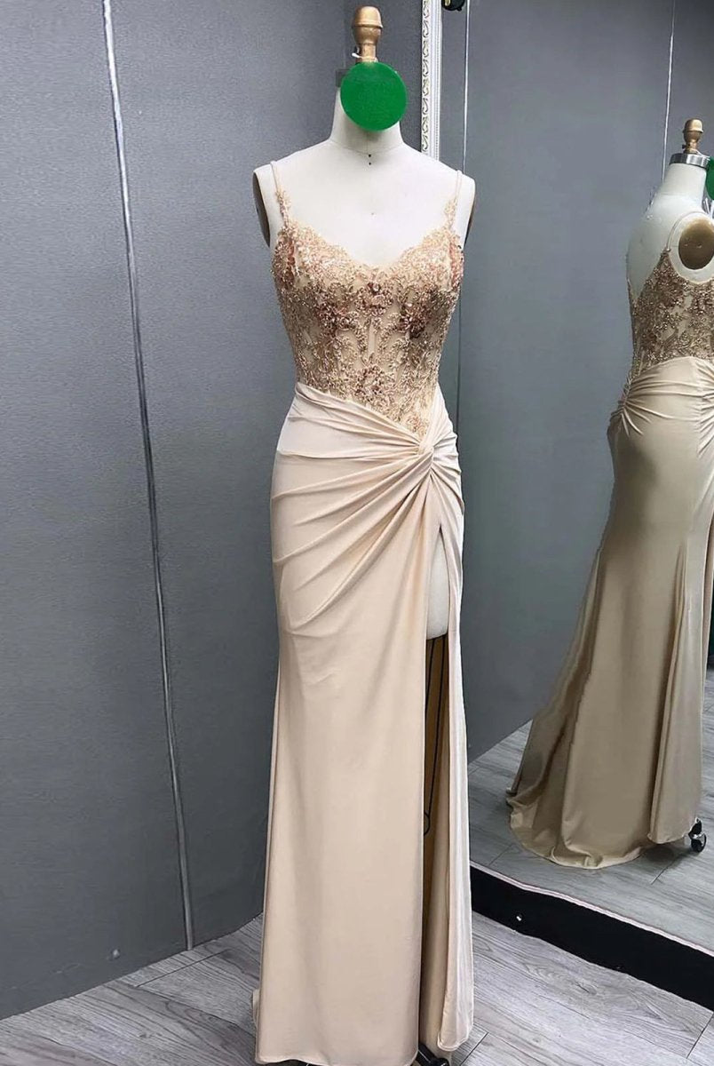 Rafenild | Green V Neck Beading Satin Long Slit Prom Dresses