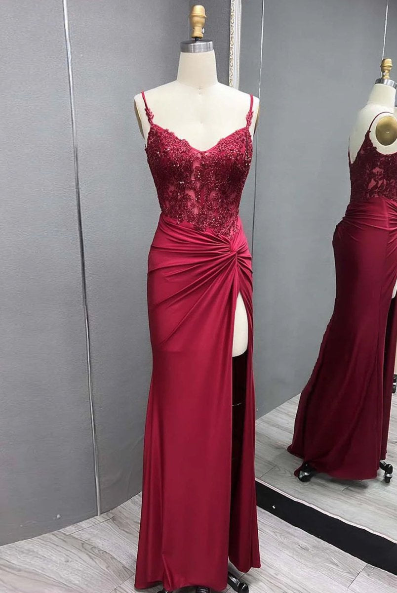 Rafenild | Green V Neck Beading Satin Long Slit Prom Dresses