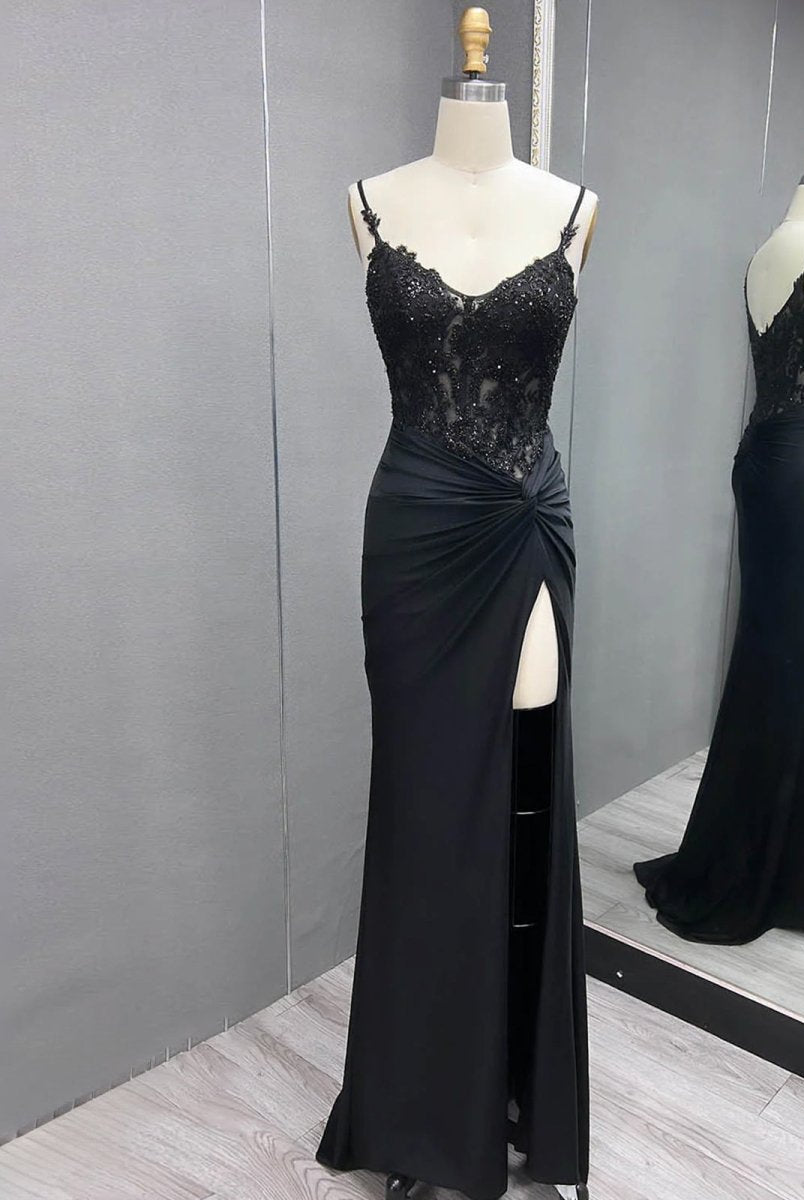 Rafenild | Green V Neck Beading Satin Long Slit Prom Dresses