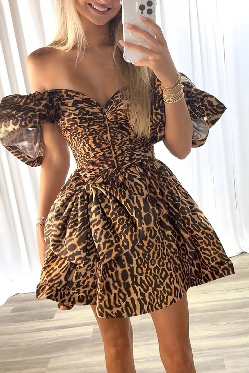 Raisa | Leopard - A Line Off The Shoulder Satin Homecoming Dress With Bow