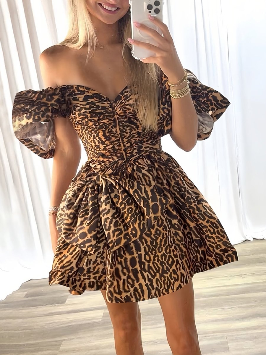 Raisa | Leopard - A Line Off The Shoulder Satin Homecoming Dress With Bow