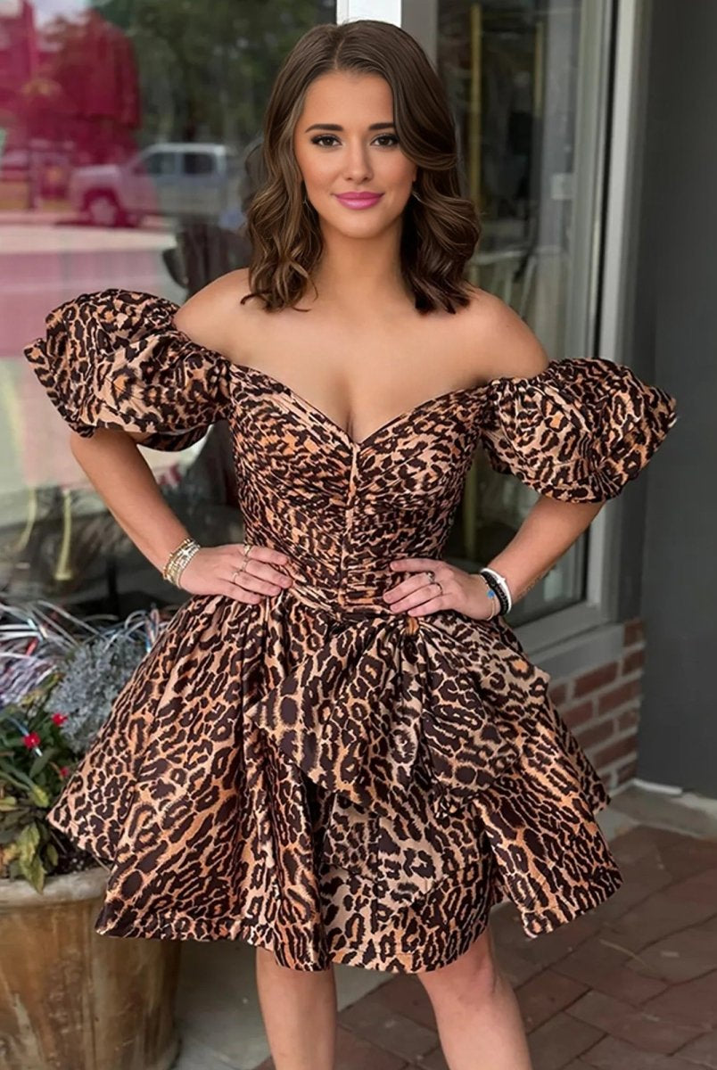 Raisa | Leopard - A Line Off The Shoulder Satin Homecoming Dress With Bow