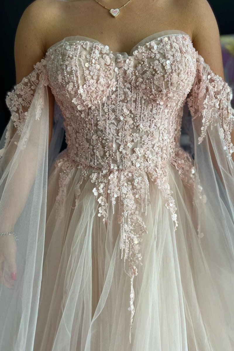 Ralap | Blush Pink 3D Floral Lace Off - the - Shoulder Ball Gown - KissProm