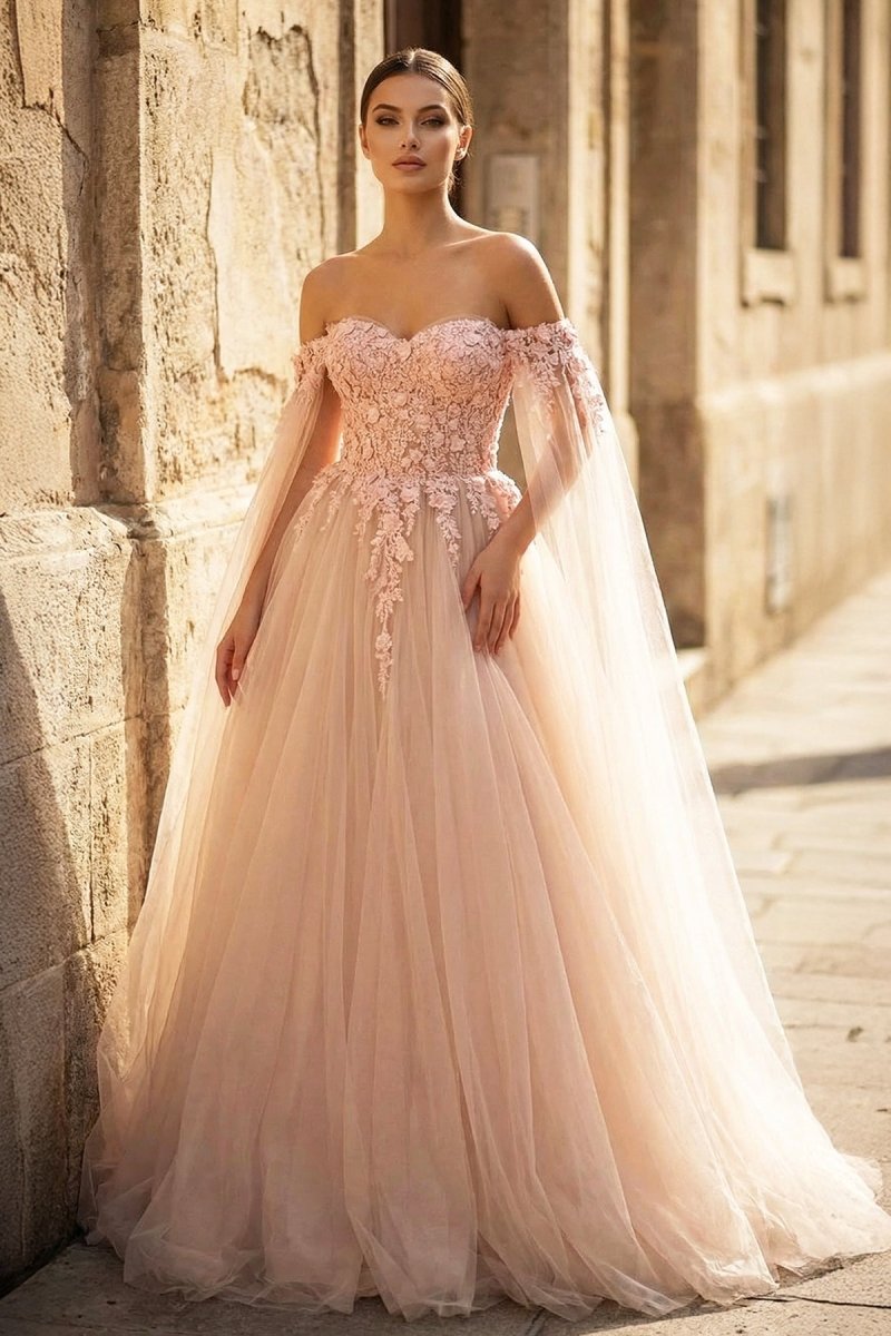 Blush Pink 3D Floral Lace Off-the-Shoulder Ball Gown Blush Pink / 2 Blush Pink 3D Floral Lace Off-the-Shoulder Ball Gown Blush Pink / 2