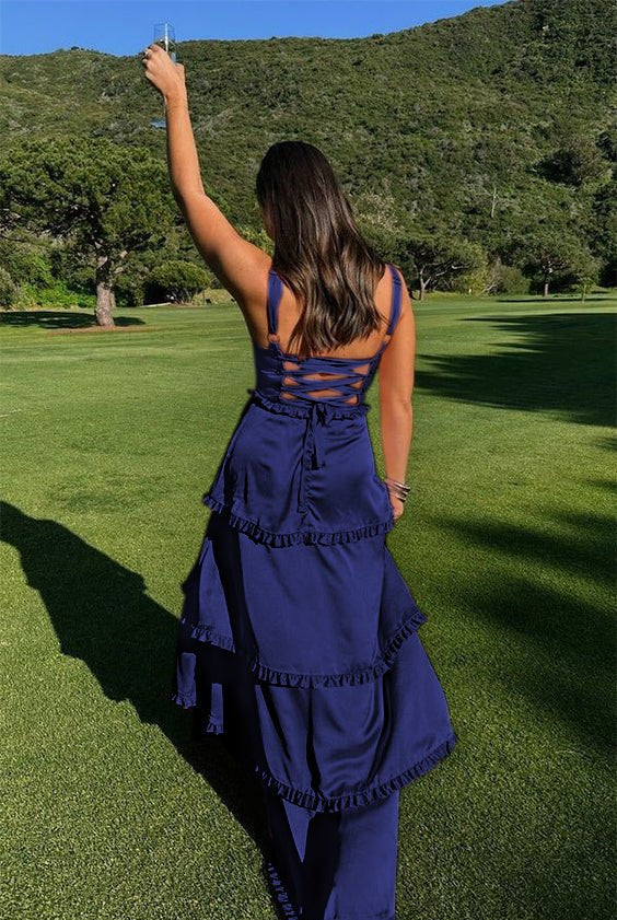 Raymond | A-Line Hot Pink Ruffles Slit Prom Dress with Lace-up Back