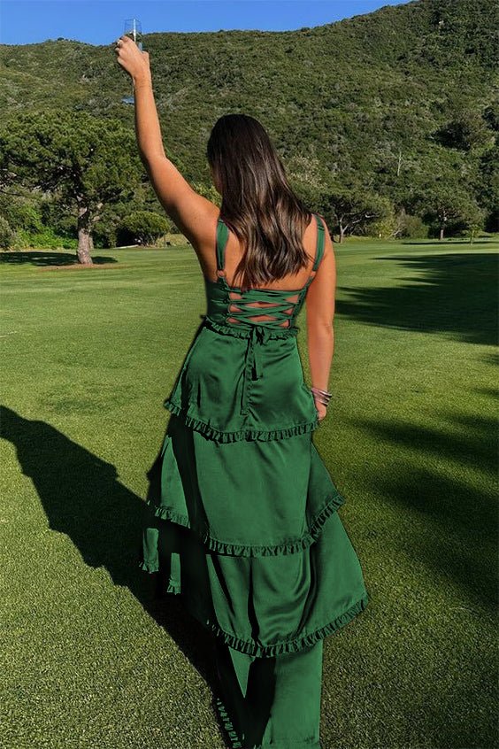 Raymond | A-Line Hot Pink Ruffles Slit Prom Dress with Lace-up Back