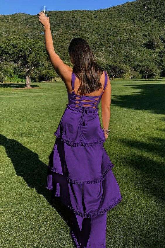 Raymond | A-Line Hot Pink Ruffles Slit Prom Dress with Lace-up Back