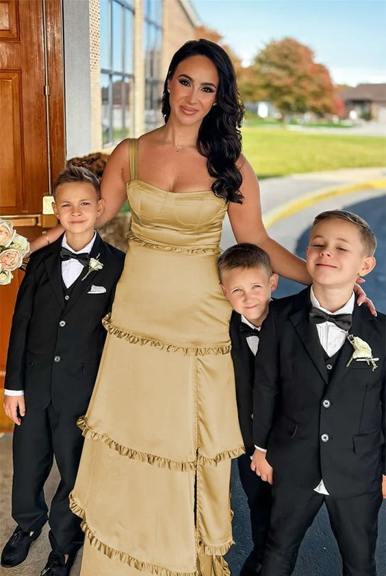 Raymond | A-Line Hot Pink Ruffles Slit Prom Dress with Lace-up Back