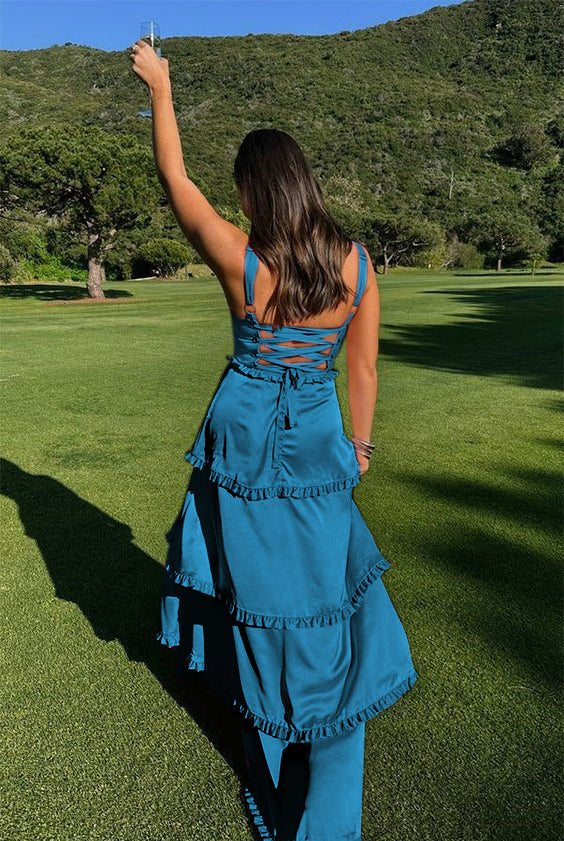 Raymond | A-Line Hot Pink Ruffles Slit Prom Dress with Lace-up Back