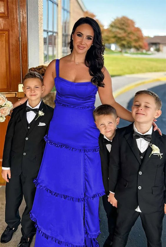 Raymond | A-Line Hot Pink Ruffles Slit Prom Dress with Lace-up Back