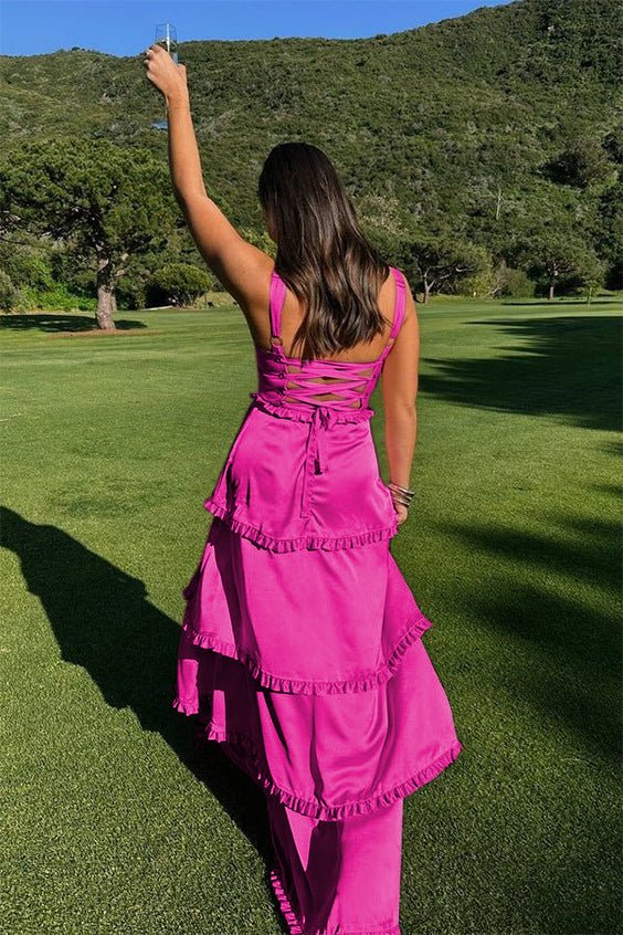 Raymond | A-Line Hot Pink Ruffles Slit Prom Dress with Lace-up Back