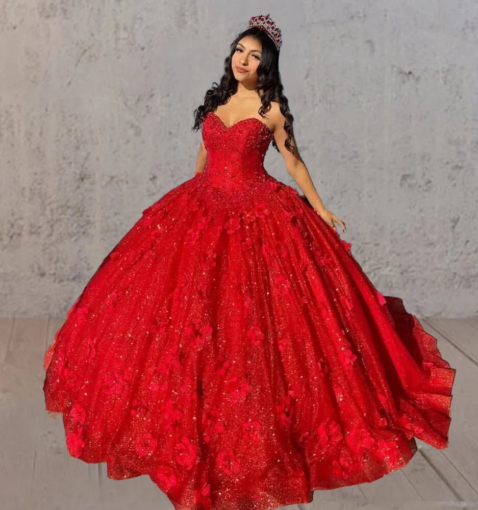 Red 3D Flowers Glitter Sequins Sleeveless Quinceanera Dresses