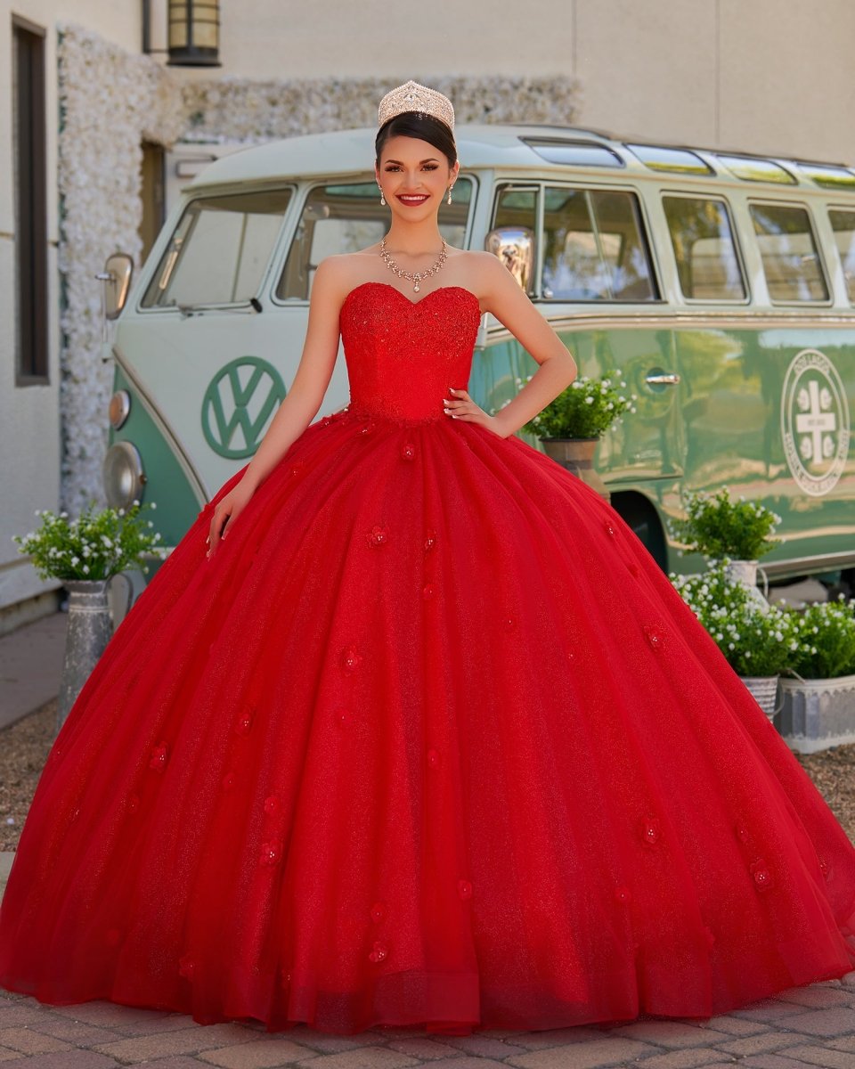 Red 3D Flowers Glitter Sequins Sleeveless Quinceanera Dresses
