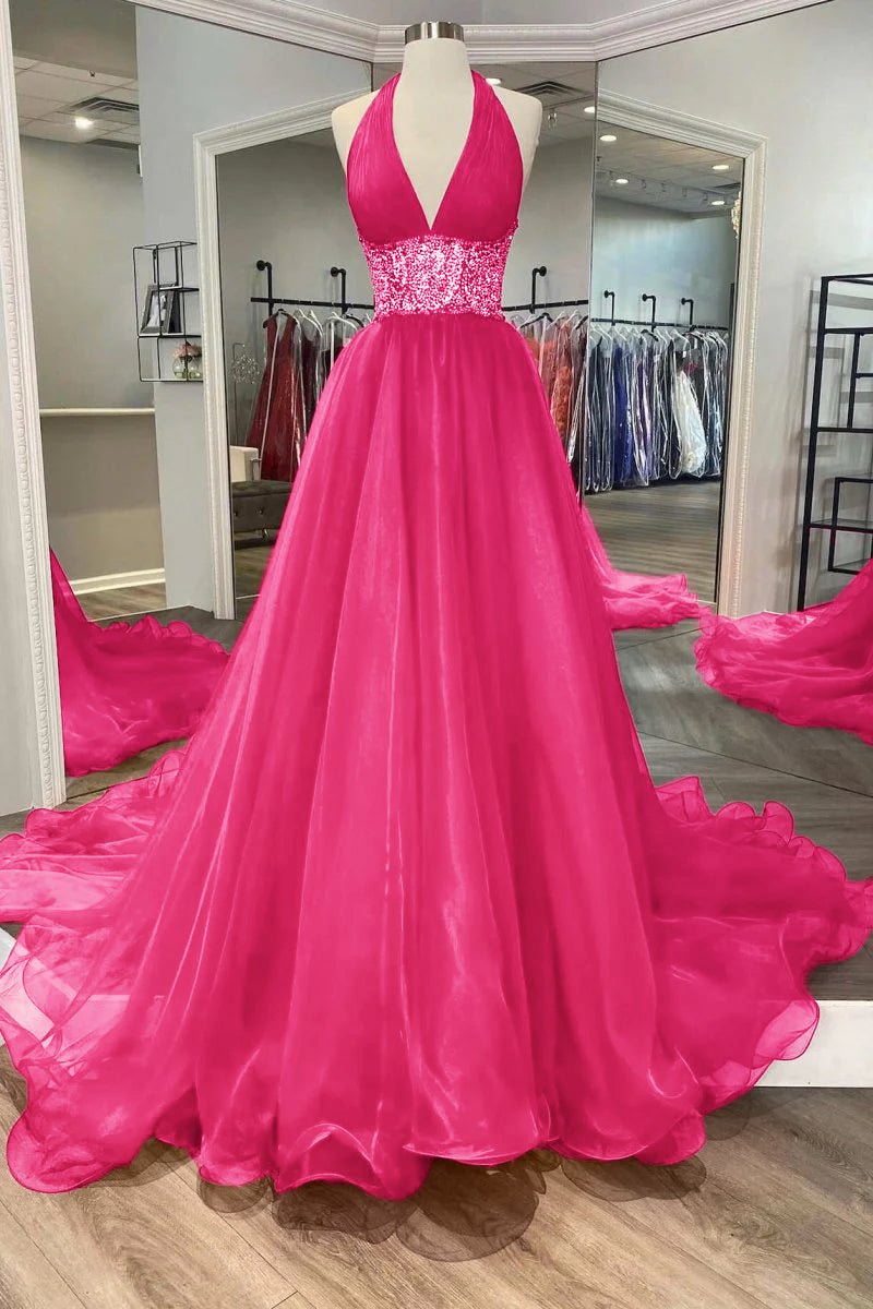 Red Beaded Halter Backless A-Line Long Prom Gown