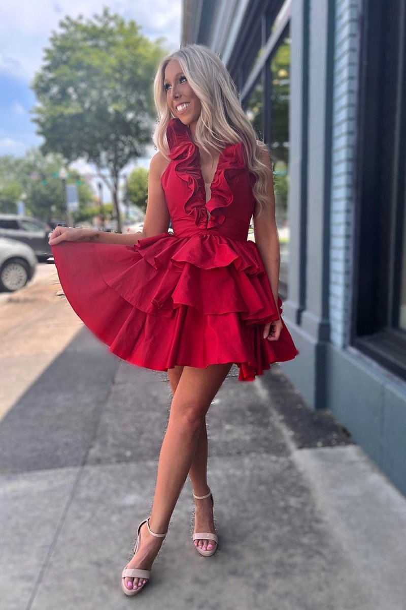 A-Line Deep Halter Satin Short Homecoming Dress with Ruffles, Lavender / 8 A-Line Deep Halter Satin Short Homecoming Dress with Ruffles, Lavender / 8