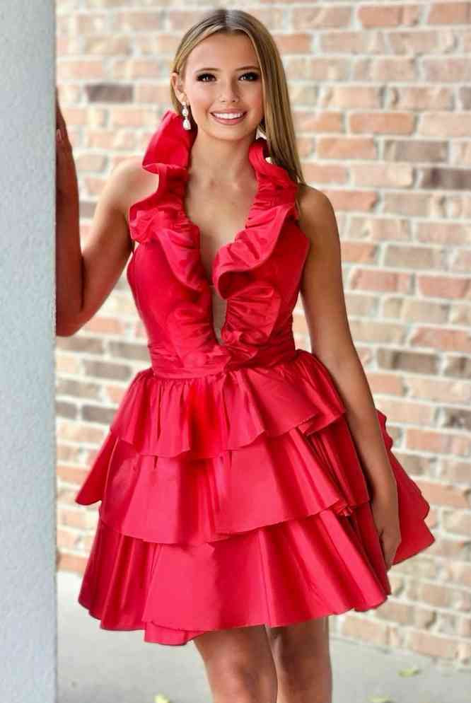 Irisia | A-Line Deep V-Neck Satin Short Homecoming Dress with Ruffles
