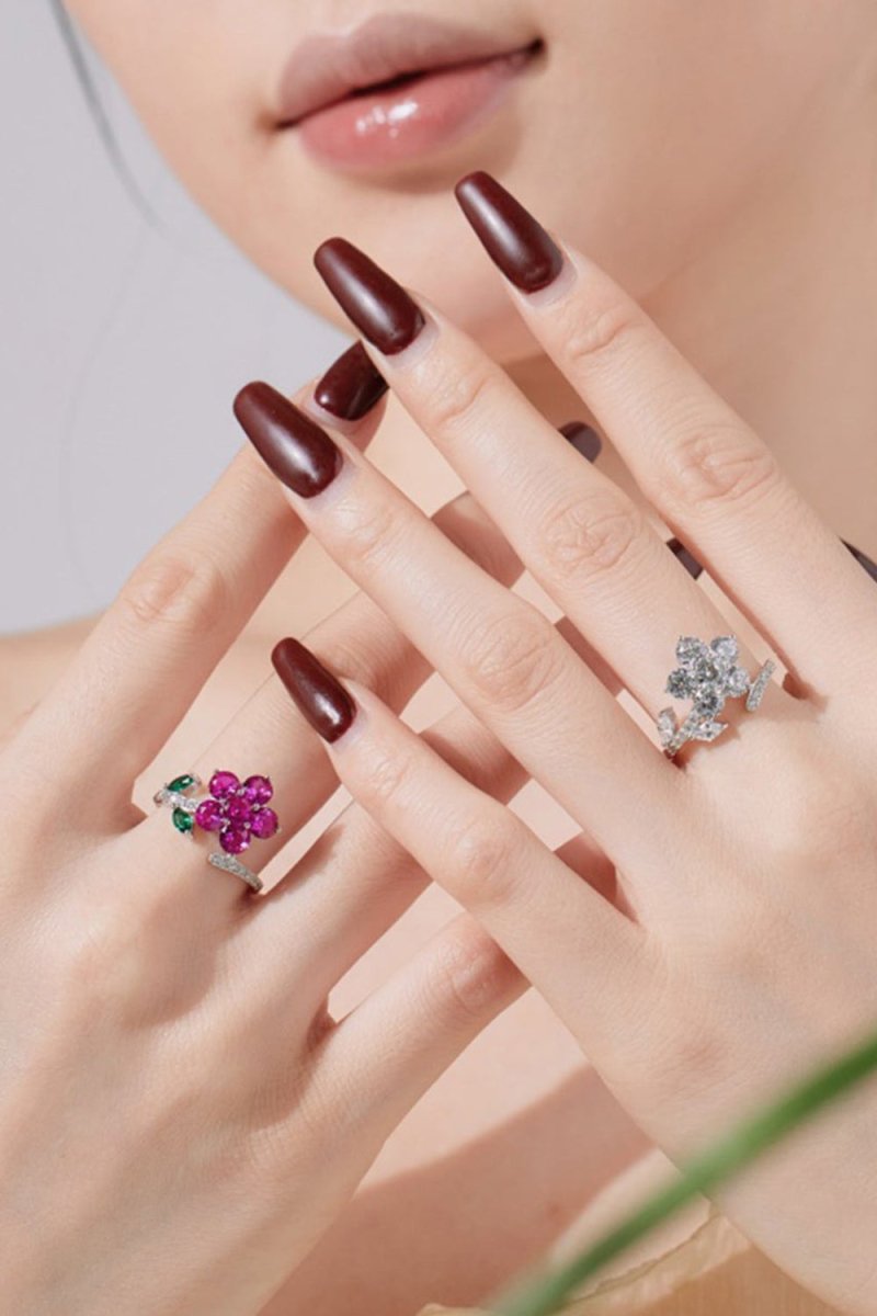Red Flower Green Leaves Silver Wrap Ring - KissProm