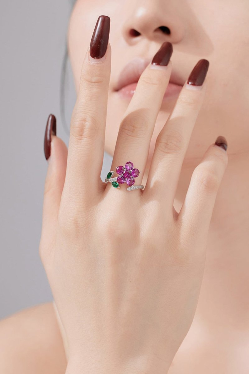 Red Flower Green Leaves Silver Wrap Ring - KissProm
