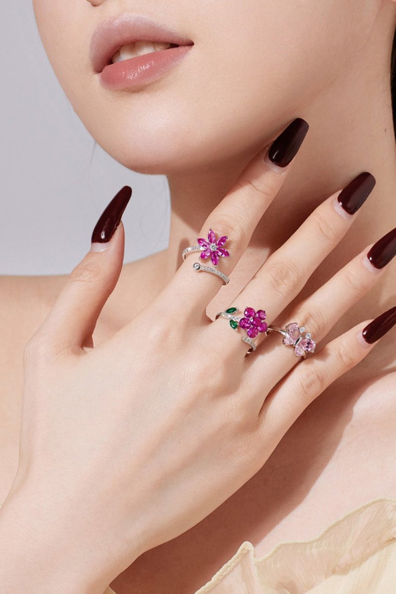 Red Flower Green Leaves Silver Wrap Ring - KissProm