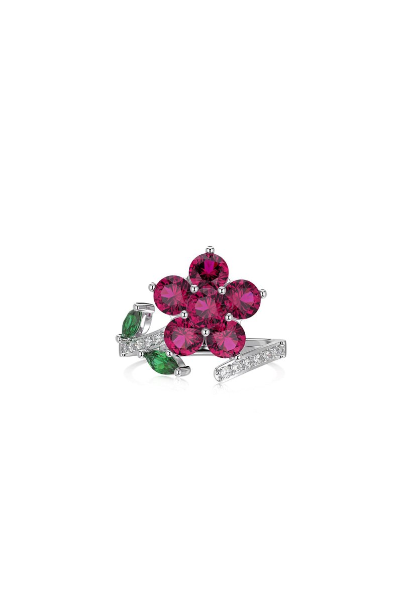 Red Flower Green Leaves Silver Wrap Ring - KissProm