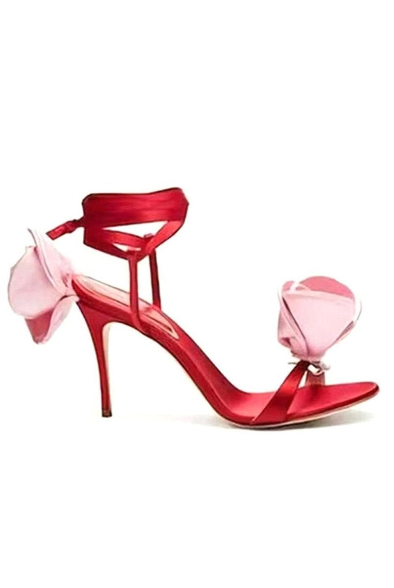 Red Flower Lace Up High Heel Sandals - KissProm