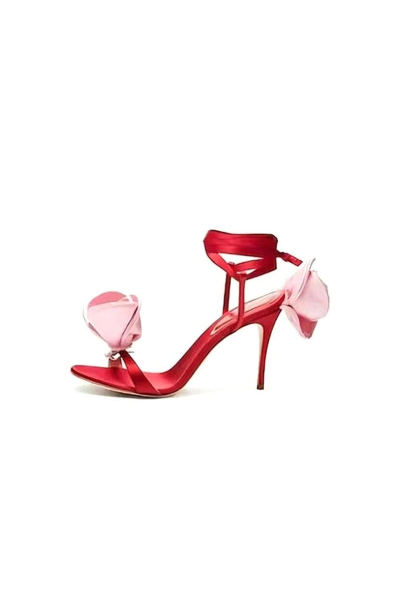 Red Flower Lace Up High Heel Sandals - KissProm