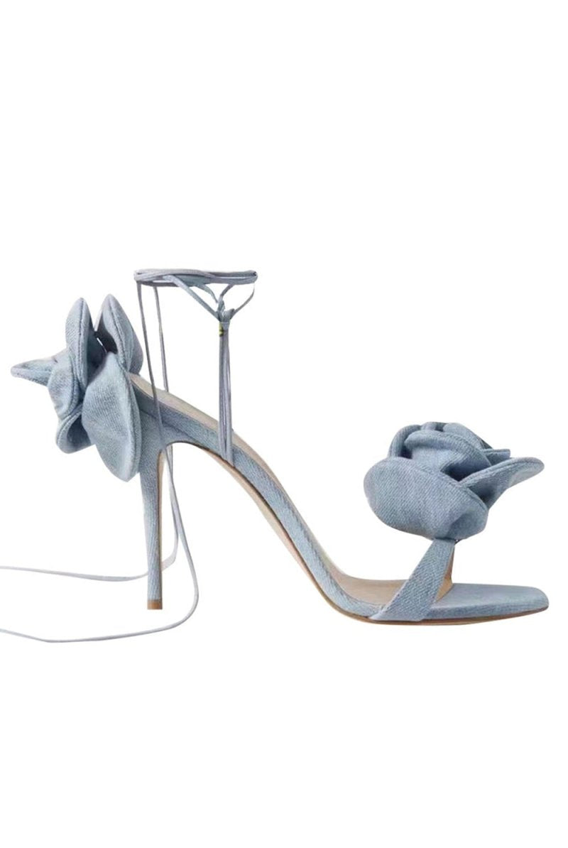 Red Flower Lace Up High Heel Sandals - KissProm