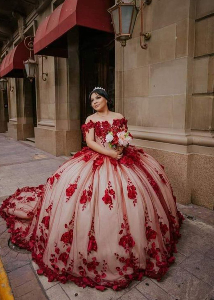 Red Lace Quinceanera Dresses Ball Gown Off shoulder Dress