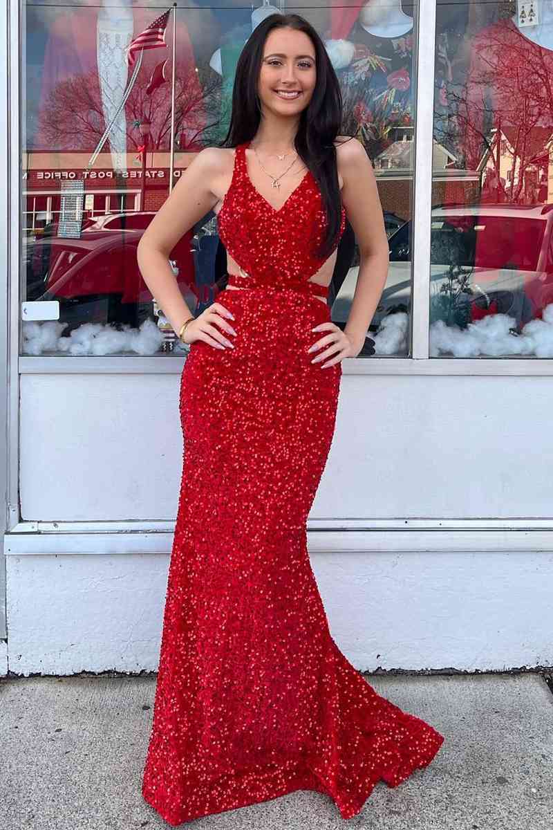 Red Mermaid V Neck Sequins Backless Long Prom Dress - KissProm