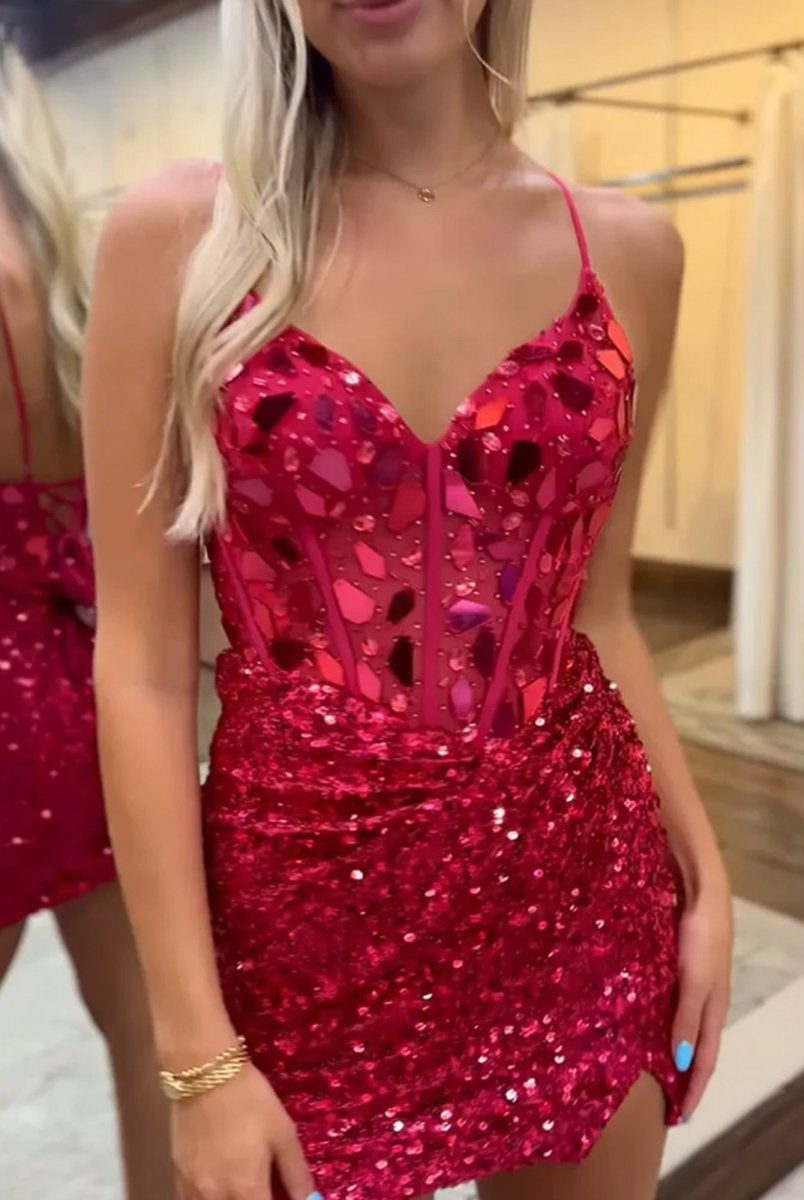 Nelly | Red Mirror-Cut Sequins Halter Sheath V Neck Homecoming Dress