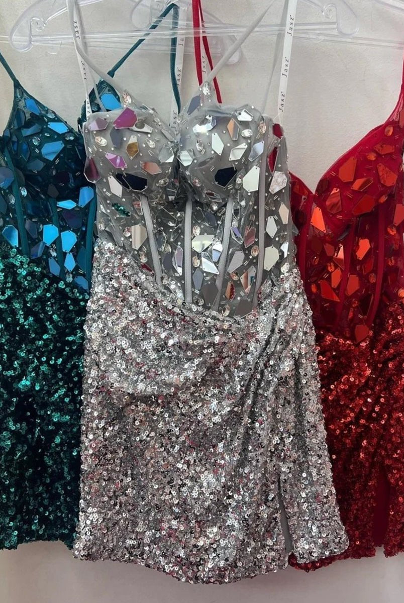 Nelly | Red Mirror-Cut Sequins Halter Sheath V Neck Homecoming Dress