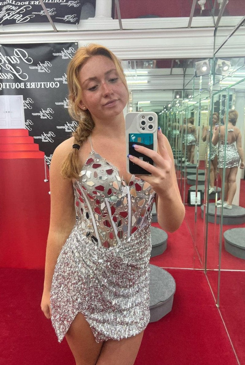 Nelly | Red Mirror-Cut Sequins Halter Sheath V Neck Homecoming Dress