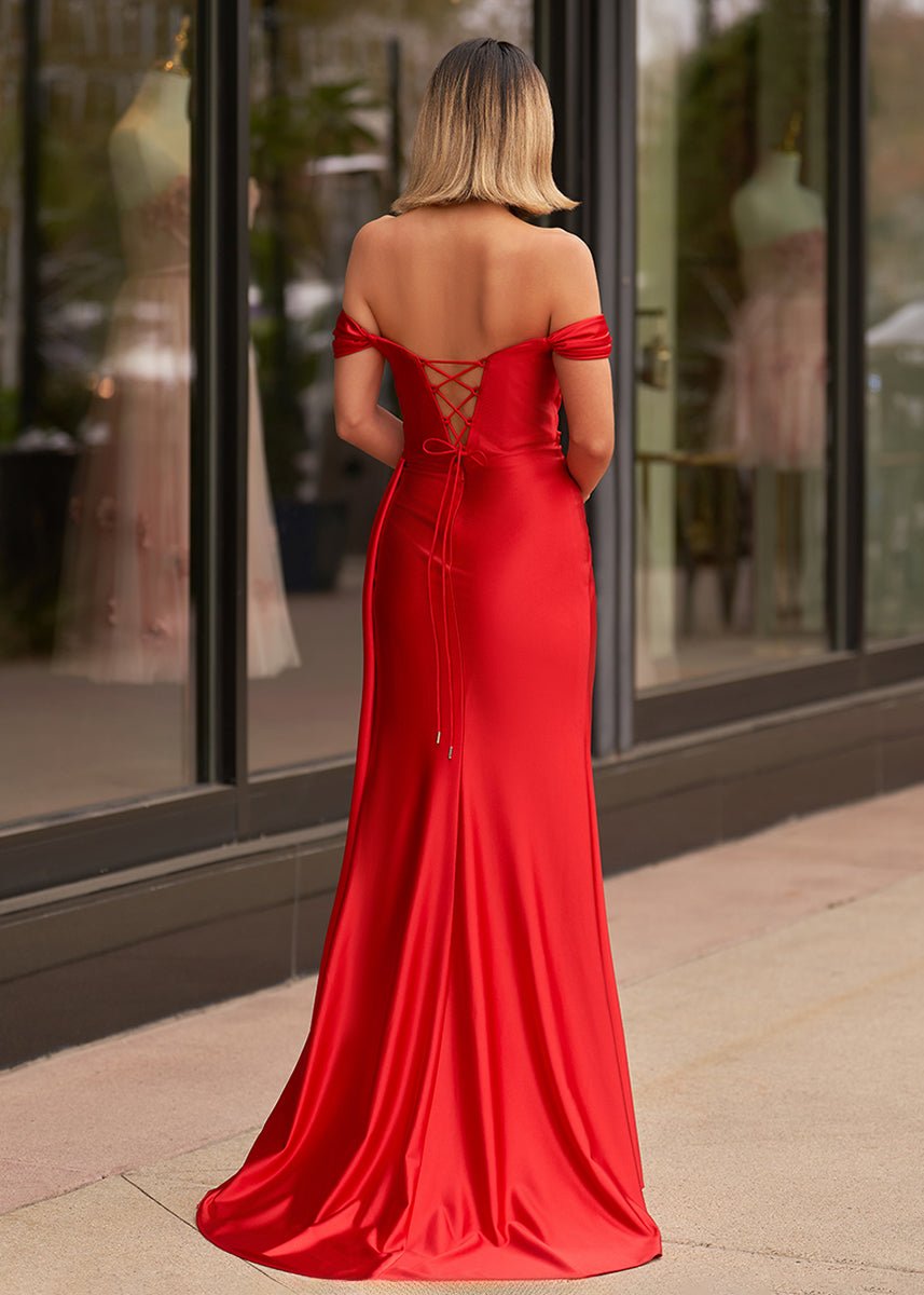 KissProm-Adelaide Red Mermaid Satin Long Prom Dress With Slit