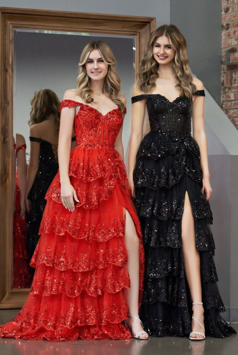 Red Princess A Line Off the Shoulder Corset Prom Dress with Lace Ruffles