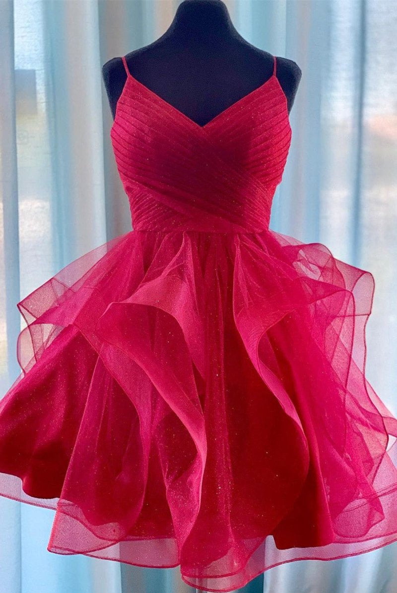 Red Ruffled Tulle Short Homecoming Dress