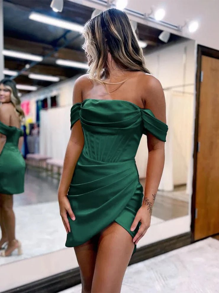 Lucy | Red Satin Off The Shoulder Short Homecoming Dress