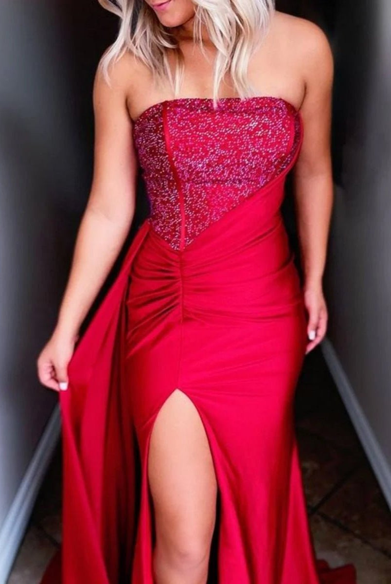 Ryann | Red Strapless Satin Long Prom Dress with Slit