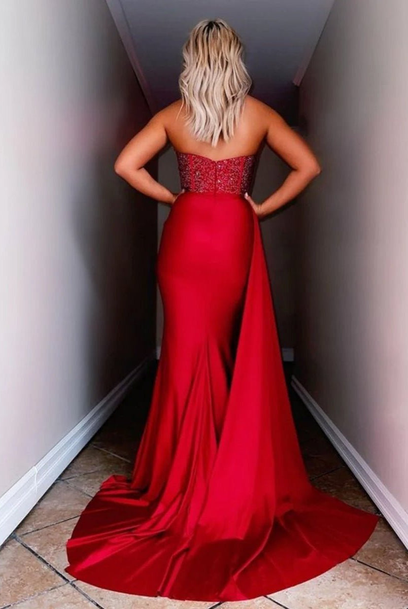 Ryann | Red Strapless Satin Long Prom Dress with Slit