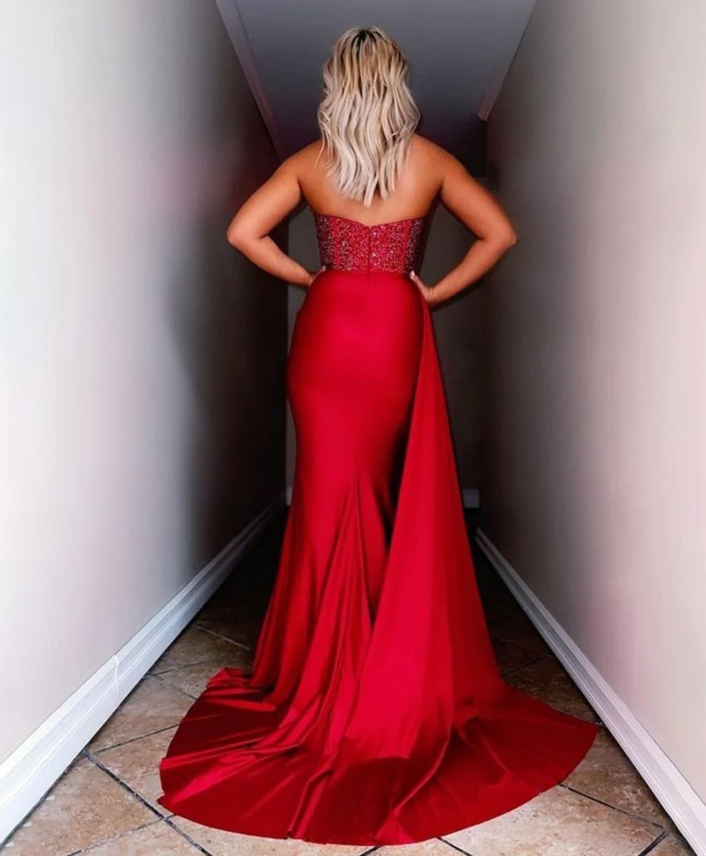 Ryann | Red Strapless Satin Long Prom Dress with Slit