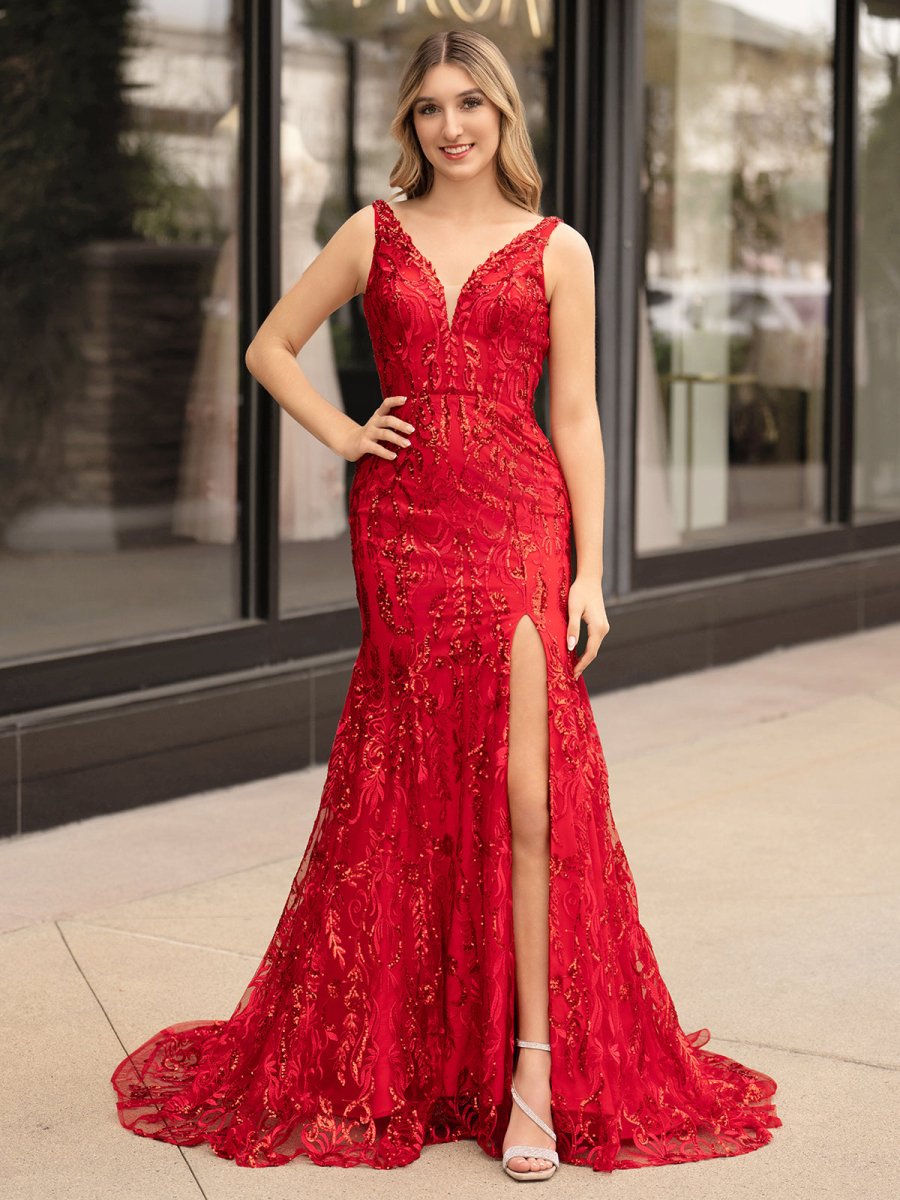 Avianna Red Mermaid V Neck Backless Sequined Lace Prom Dress with Slit Red / 12