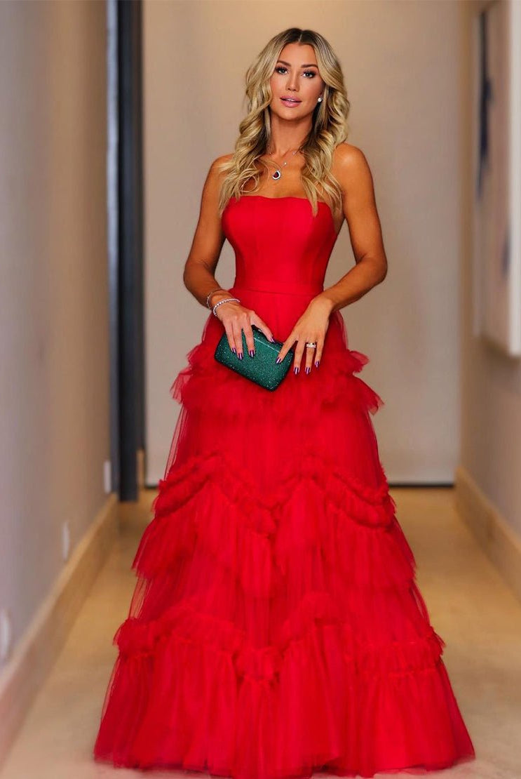 Matilda |Red A - Line Strapless Ruffled Tulle Evening Dress - KissProm