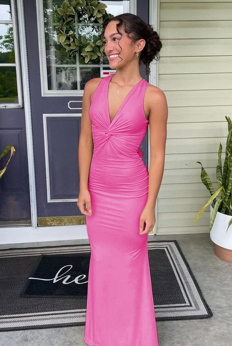 Reed | Pink - Halter Mermaid Pleated Open Back Long Prom Dresses - KissProm
